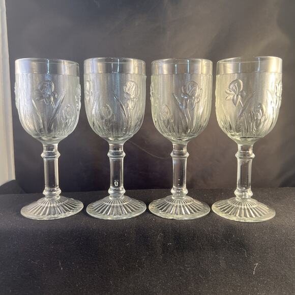 Set of 4 Depression Jeannette Iris & Herringbone Clear 4 1/4" Wine Goblet 4oz - Picture 2 of 6